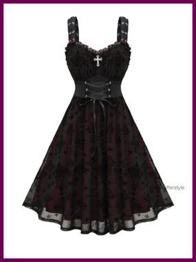 Plus Size Gothic Mesh Overlay A-Line Midi Dress Backless High Waist